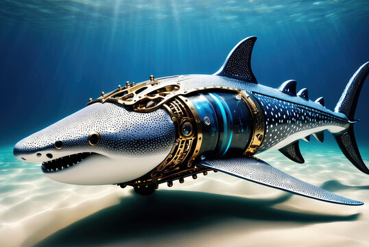 Shark robot underwater. Future
