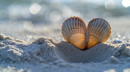 Obraz na płótnie Canvas Two seashells washed ashore, nestled together in the sand to form a perfect heart shape