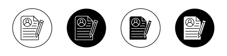 Job description icon set. Employee cv information details vector symbol in black filled and outlined style. Employment portfolio paper design.