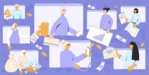 Financial literacy. Save money. People with . moneyboxes, capital elements and analysis symbol. Budgeting life. Vector illustration.