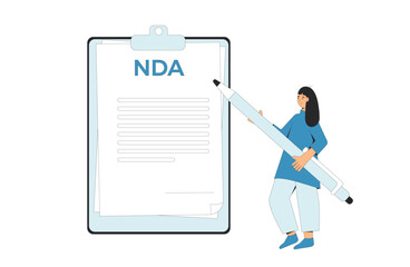 NDA concept. Non disclosure agreement. Contract between employee and employer about confidentiality. New colleague signing business confidentiality paper.