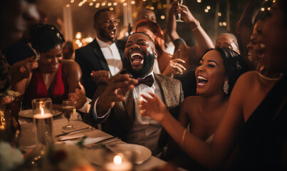 Happy people celebrating wedding party after bride - Powered by Adobe