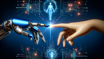 Human hand reaches virtual AI hand. Connection of humanity and AI