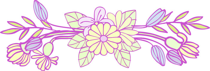 Composition of isolated cartoon, cute flowers, blades of grass, leaves and other graphic elements of bright colors with a lilac outline on a white background. Digital illustration is suitable for scra
