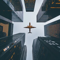The plane flies over tall skyscrapers