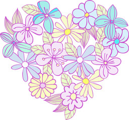 Composition of isolated cartoon, cute flowers, blades of grass, leaves and other graphic elements of bright colors with a lilac outline on a white background. Digital illustration is suitable for scra