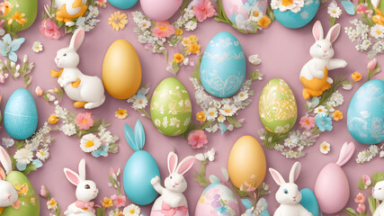 Fototapeta na wymiar whimsical Easter pattern adorable bunnies painted eggs and blooming flowers in seamless design Background
