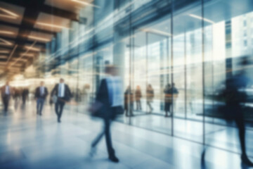 Abstract bokeh background. Blurred background business people in suits walk in hall of modern glass office, corridor of business center, shopping center, bank. Business concept