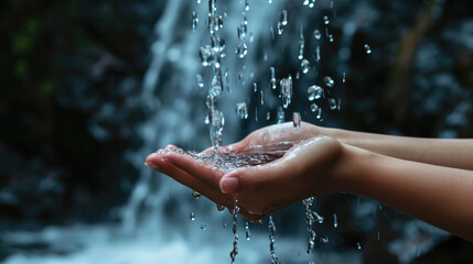 Close-up of a person's hand catching clear water droplets from a natural river. Water saving concept - obrazy, fototapety, plakaty
