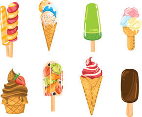 Assorted frozen desserts collection. Variety of ice cream cones and popsicles with fruits and chocolate. Sweet summer treats vector illustration.