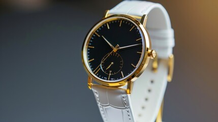 A luxury gold watch with a black dial. A watch on a beautiful stand, on a beautiful lightly lit gray background. Woman Man fashion. watch with white dial and white strap