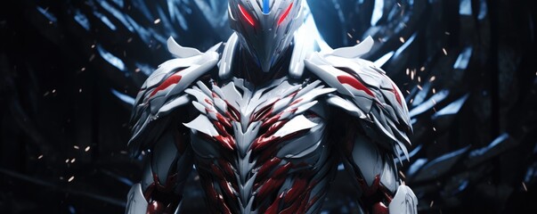 Person wearing white red blue and white armor, unreal character art, fantasy art, engraved assassin machine armor.