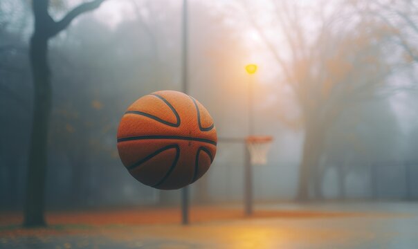 film panavision ektachrome, close up of basketball in park, very foggy morning cinematic --ar 5:3 --v 5.2 Job ID: 09ed3a74-80db-4706-baca-d8a683e7ced3