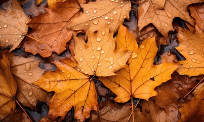 Colorful leaves are scattered around on the ground, large scale, top view, detailed texture. Autumn wallpaper.