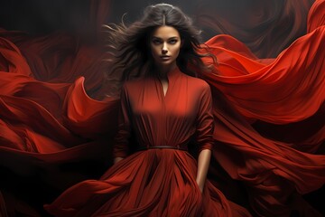 A dramatic silhouette of a model in a billowing red cape, creating a sense of movement against a mysterious dark background