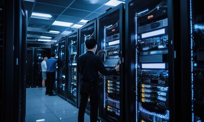 Asian technician manages server racks in server room data center. Server room interior in data center.
