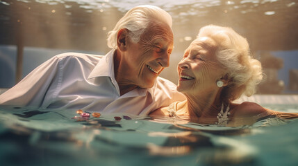 Elderly couple in pool clothes, partying, generative AI