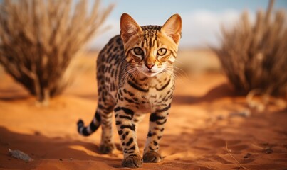Obraz premium Young and confident Bengal cat walks towards the camera on amazing desert.