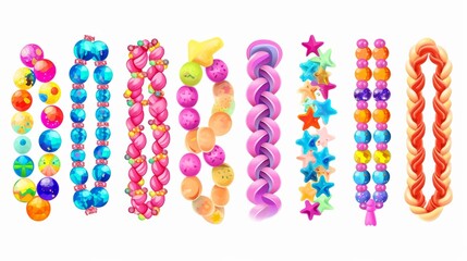 Collection of vector jewelry and children's ornaments. Bracelet made of handmade plastic beads. Set of bright colorful braided bracelets with words from the letters star, vibes, peace, honey, only - obrazy, fototapety, plakaty