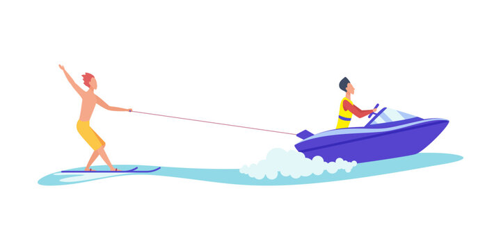 Young man enjoying water skiing in sea or ocean wave, standing on waterski vector illustration