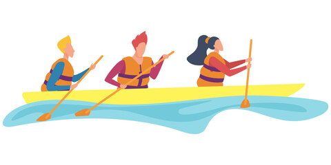 Team of people in life vests floating in kayak, kayaking water sport vector illustration