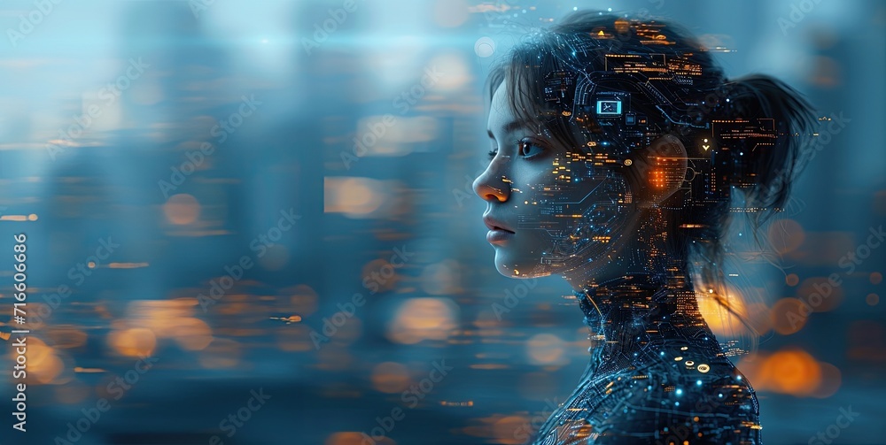 Poster the image portrays the fusion of human intellect with the vast expanse of digital information