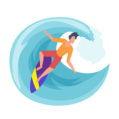 Man surfer in swimwear surfing on surfboard in sea or ocean blue wave vector illustration