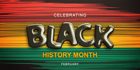 Black history month. Banner with realistic glossy 3d text on red, yellow and green african background. African American history month celebration concept in February 2024. Vector illustration