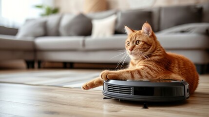 Funny cat sitting on the robot in the living room at home with sofa. Rides the cleaner on wooden floor. Ginger cat, watches the robot with a vacuum cleaner, touches it with its paw, runs after robot - obrazy, fototapety, plakaty