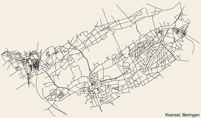 Detailed hand-drawn navigational urban street roads map of the KOERSEL COMMUNE of the Belgian municipality of BERINGEN, Belgium with vivid road lines and name tag on solid background - obrazy, fototapety, plakaty
