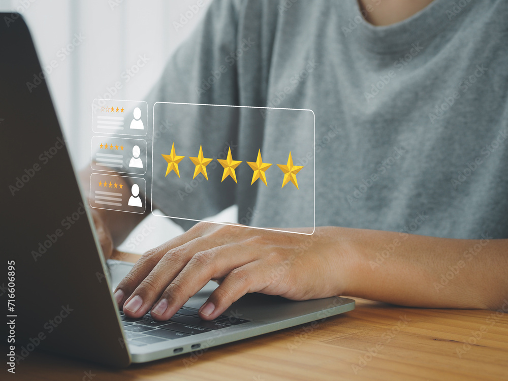 Poster customer satisfaction survey concept, rating via online application system in satisfaction reviews b