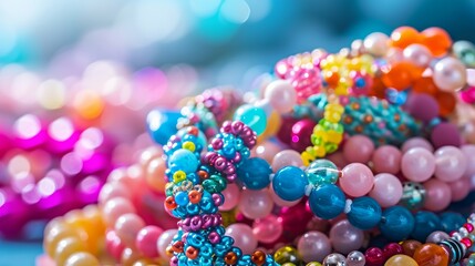 Kids handmade beaded jewelry. Necklaces and bracelets made from multicolored beads and pearls. DIY bracelet beads. Children's needlework. Creativity and hobby. Art activity for kids