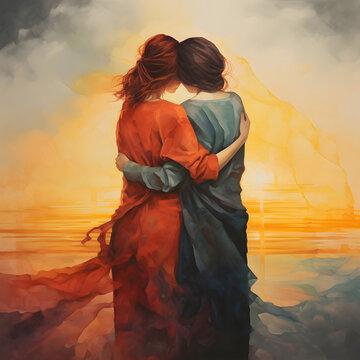A painting of two women wrapped in a warm embrace, standing against a backdrop of a serene and beautiful sunset. 