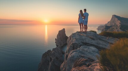 Young couple on top of a cliff looking at sunset on the sea