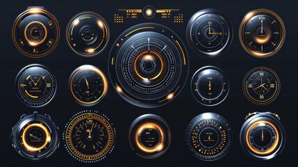 Mechanical Clock Style Smartwatch Faces Bezel Designs. Digital Watch HUD Dial with Minute, Hour, Second Marks. Timer or Stopwatch. Blank Measuring Circle Scale Vector Illustration