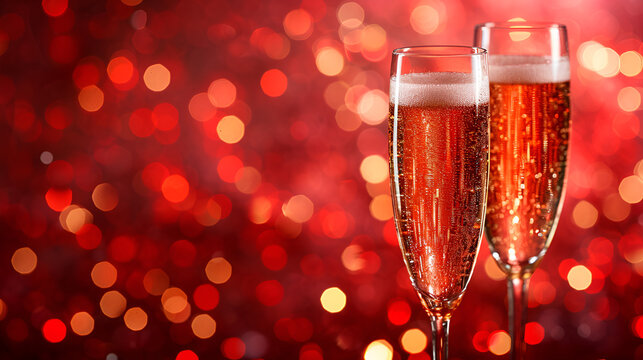 Two champagne glasses on sparkling red bokeh background generative ai