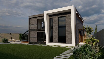 3D Model of entrance 2 storey Stone Coal and White Modern Villa with lighting on facade and pool in the garden. Villa with winter garden rendering. 
