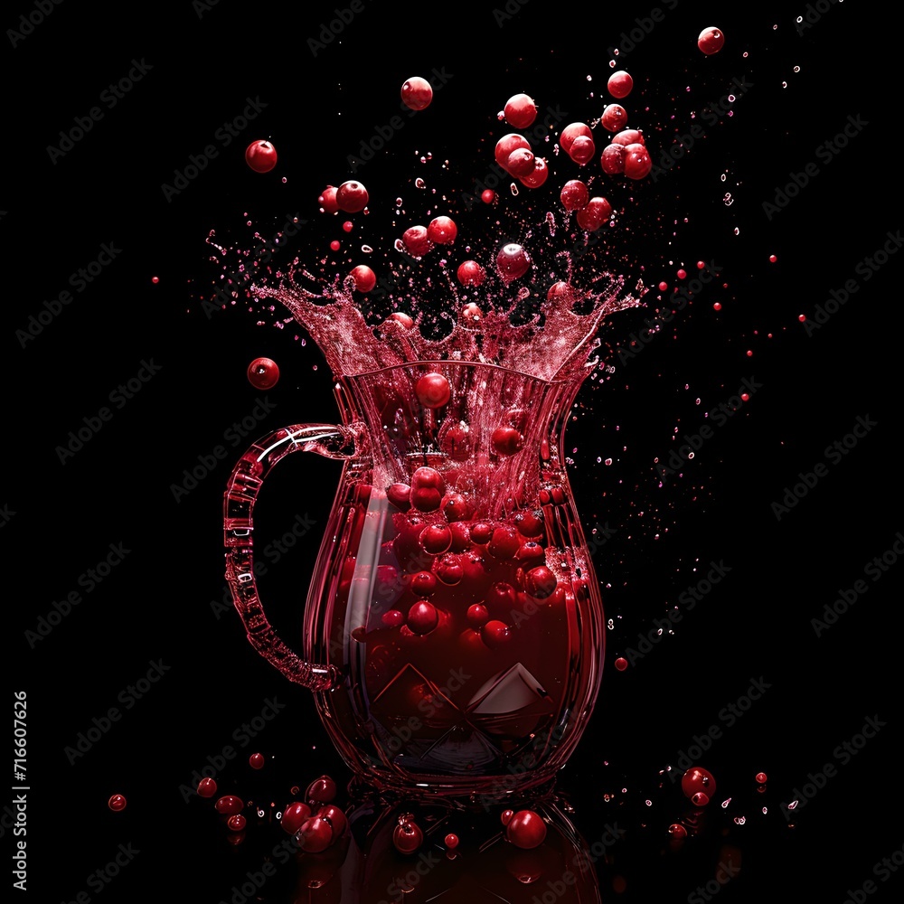 Poster vibrant red berries splashing out of a glass pitcher on a dark background. dynamic motion frozen in 