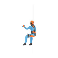 Industrial alpinist with security belt and helmet cleaning glass with sponge vector illustration