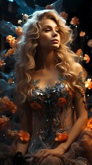 A dreamy cosmic background with a model adorned in celestial-themed attire, creating a mystical and enchanting atmosphere
