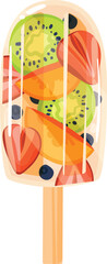 Colorful fruit popsicle illustration with kiwi, orange, strawberry, and blueberry. Summer dessert vector illustration.