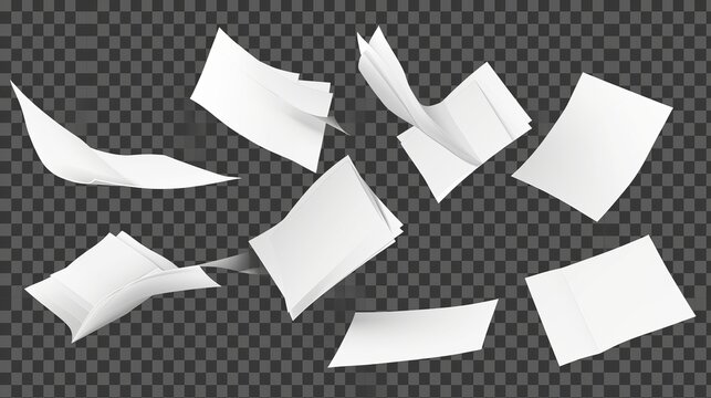 Realistic set of white paper sheets falling down isolated on transparent background. Vector illustration of stack of blank pages, office documents, business files flying in air. Mess in paperwork