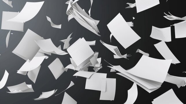 Realistic set of white paper sheets falling down isolated on transparent background. Vector illustration of stack of blank pages, office documents, business files flying in air. Mess in paperwork