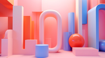 Chromatic Symphony: A Captivating 3D Render Abstract Background Infused with Interconnected Tubes, Primitive Geometrical Structures, and a Profusion of Colorful Shapes, Unveiling an Exquisite 