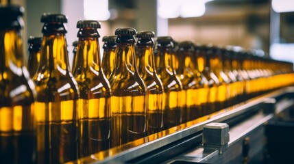 Bottles of beer on a conveyor belt in a factory. - obrazy, fototapety, plakaty
