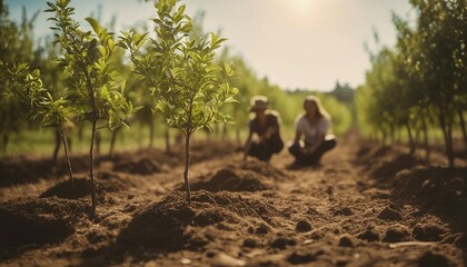 Volunteers Planting Young Trees in Sunny Orchard