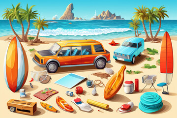 3d set of beach and sea, Summer Journey, Time to Travel Concept