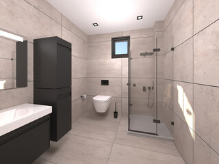 Modern bathroom design with white wood door, light colour tile, black bathroom cabinet, spot lighting, wall hung toilet, coal stone colour foot mat and towel. 3D render.