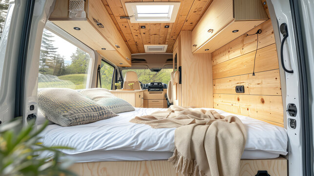light cozy wooden interior camper van