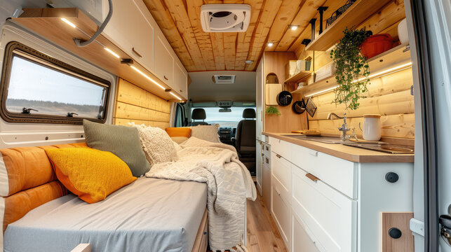 light cozy wooden interior camper van
